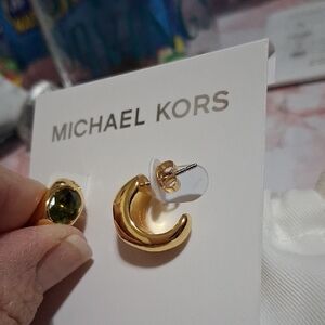 Michael Kors Gold Curved Hoop and Olive Green Stone Stud Earrings